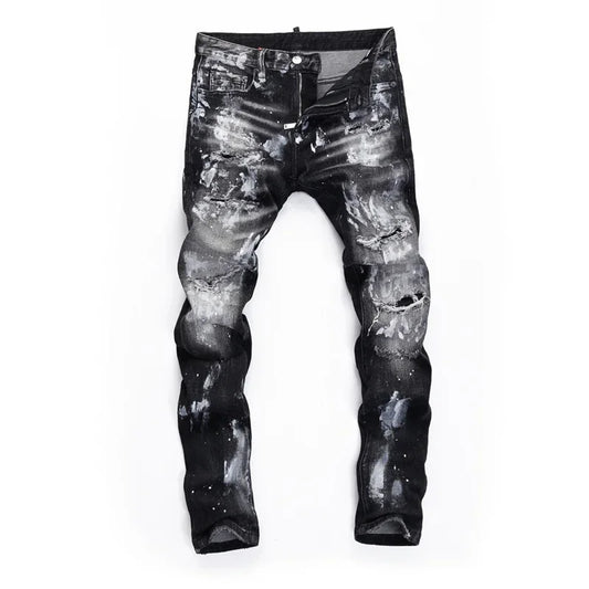 "D2 Fashion Men’s Slim Fit Distressed Black Denim Jeans – Hole Design, Pencil Trousers (Model 8422)"