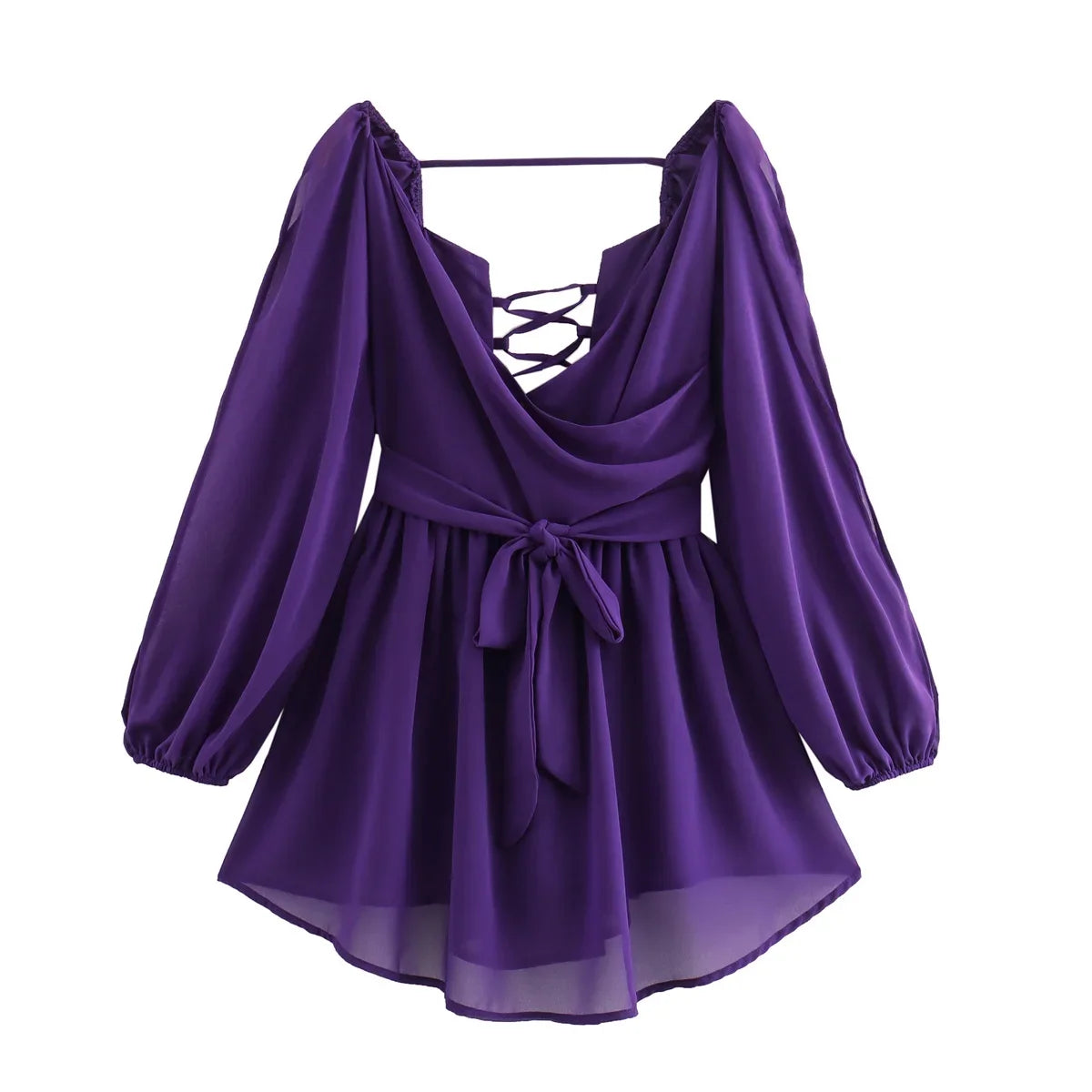 Sexy Green Pleated Mini Dress for Women Elegant V-neck Split Long Sleeve A-line Dresses Summer Lady Solid Backless Lace Up Robes