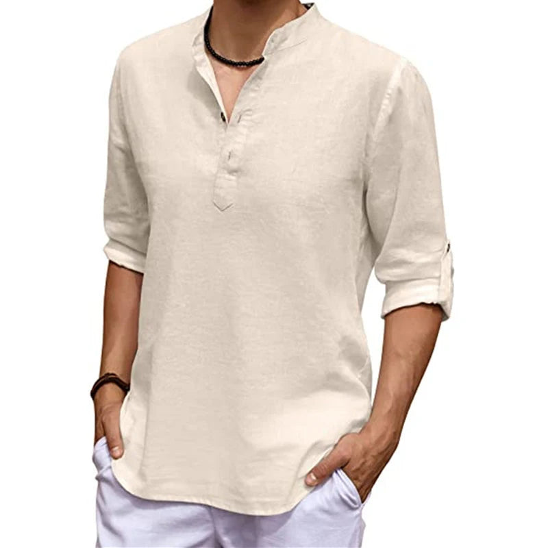 New Men's Linen Long Sleeve V-neck T Shirt Solid Color Oversize Casual Shirt Cotton Shirt Plus Size Yoga Button Shirts for Men