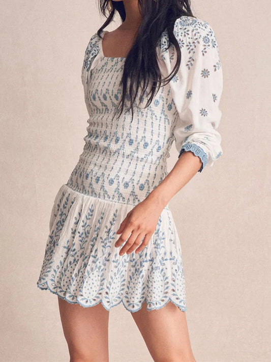 "2022 Romantic Puff Sleeve Embroidered Floral Mini Dress – White Blue Ruched Body with Ruffle Hem"