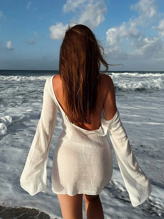 Sexy See Through Women Backless Bell Sleeve 2025 Summer Solid Knit Beach Swimwear Coverups Elegant Crew Neck Mini Dresses K98