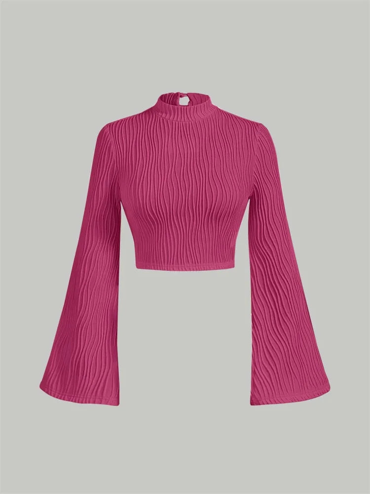Women Textured Mock Neck Flare Long Sleeve Crop Top Fall Winter Elegant Preppy Style Y2K Rib Knit Slim T Shirt Blouse 2023
