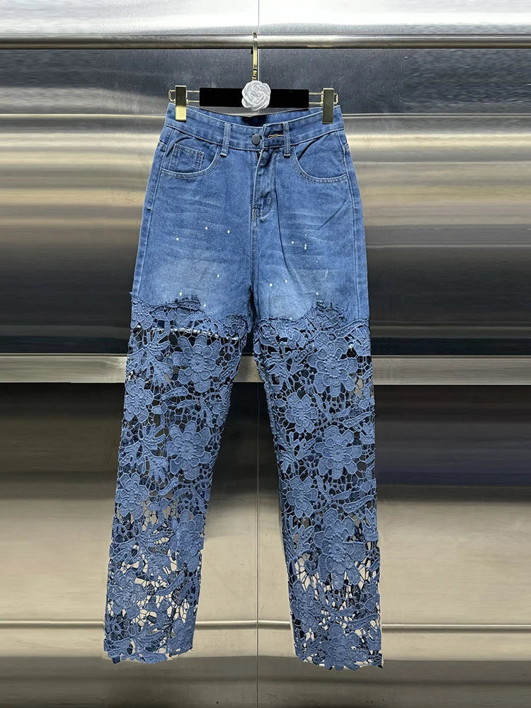 VGH Casual Hollow Out Spliced Lace Solid Jeans For Women High Waist Patchwork Pockets Minimalist Loose Wide Leg Pants Female New