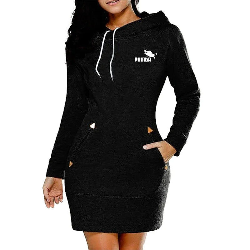 Women's Casual Hoodie Sweatshirt Dress with Pockets and Zip Neckline