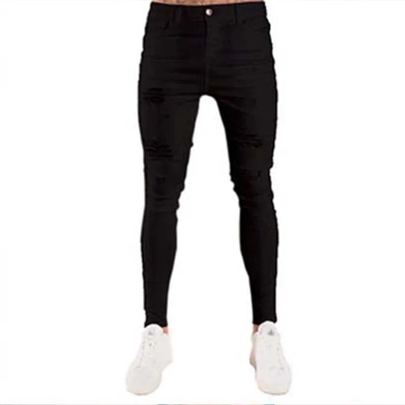 White Embroidery Skinny Ripped Jeans Men Cotton Stretchy Slim Fit Hip Hop Denim Pants Casual Jeans for Men Jogging Trousers