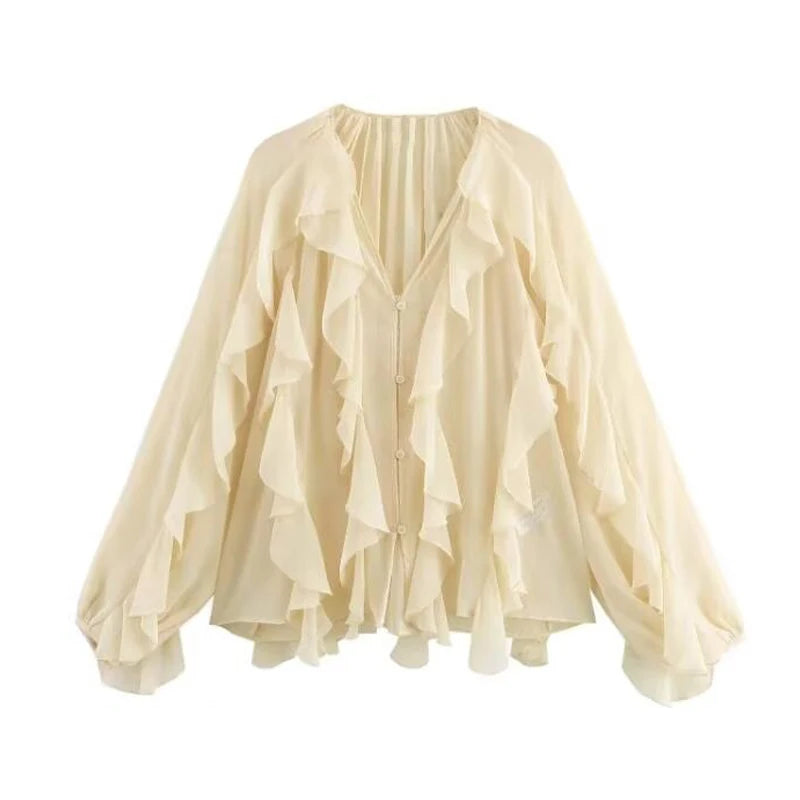 TRAF Ruffle Womens Blouses Semi Sheer Casual Blouses Woman Spring Fairy Shirts and Blouses for Lady Long Sleeve Tops Woman 2025