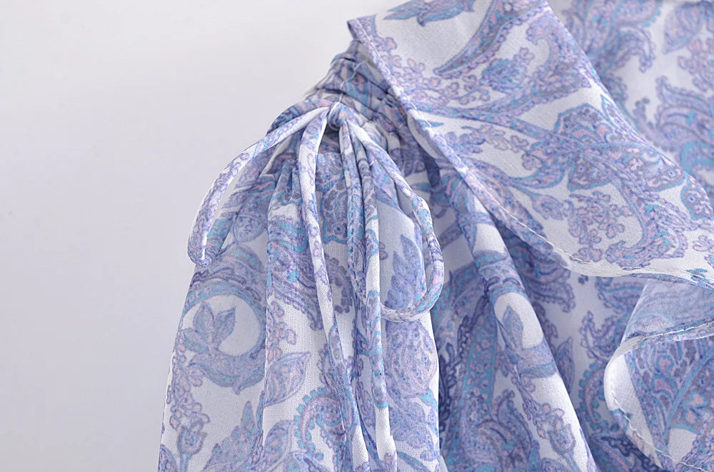 Women's Blue Floral Holiday Chiffon Dress – Ruched Waist & Long Sleeves