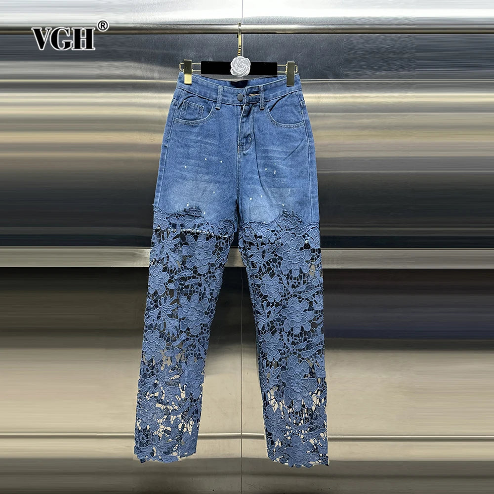 VGH Casual Hollow Out Spliced Lace Solid Jeans For Women High Waist Patchwork Pockets Minimalist Loose Wide Leg Pants Female New