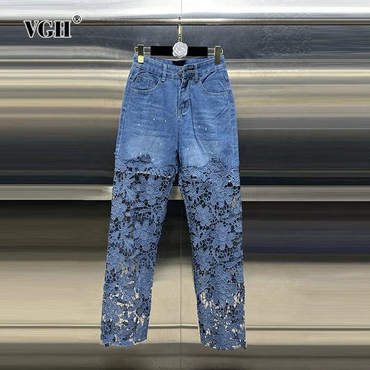 VGH Casual Hollow Out Spliced Lace Solid Jeans For Women High Waist Patchwork Pockets Minimalist Loose Wide Leg Pants Female New