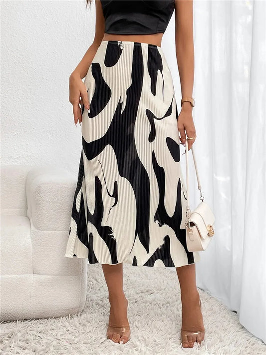 Dressy Casual Graphic Print Pleated Long Skirts Women Autumn Fashion Elastic High Waist Geometry Midi Skirt Streetwear 2023