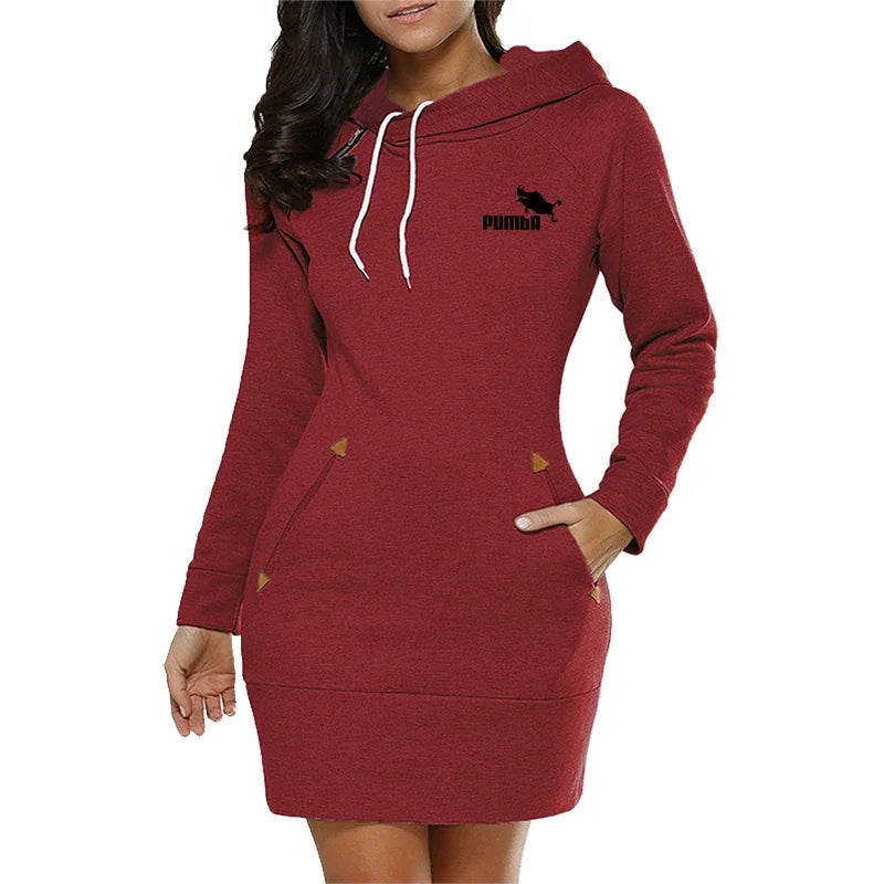 Women's Casual Hoodie Sweatshirt Dress with Pockets and Zip Neckline