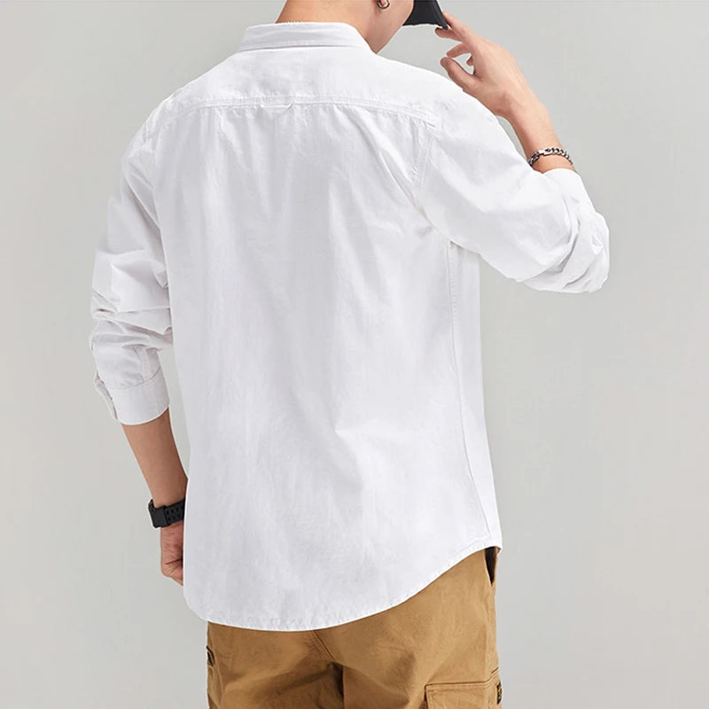 HIQOR 2025 Men Casual White Shirts Long-sleeved Chest Two Pocket Design 100% Cotton Solid Casual Turn-down Collar Shirt M-3XL