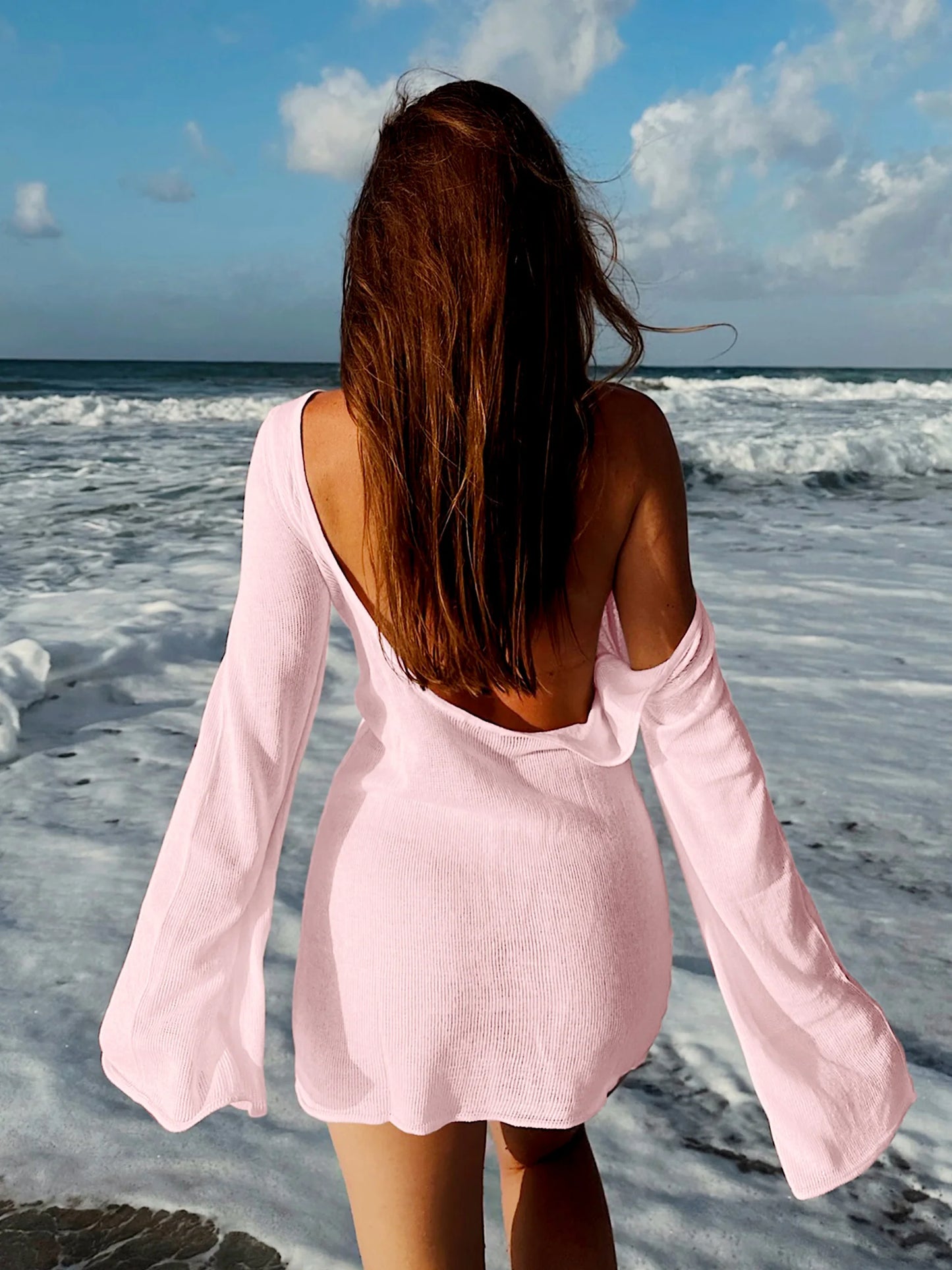 Sexy See Through Women Backless Bell Sleeve 2025 Summer Solid Knit Beach Swimwear Coverups Elegant Crew Neck Mini Dresses K98