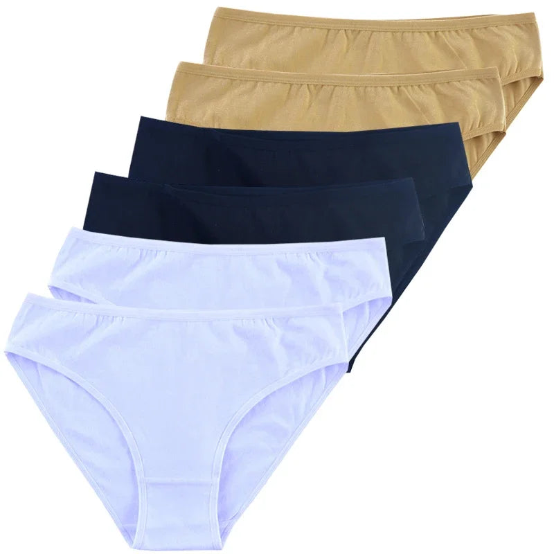 6-Pack Women's Cotton Panties – Mid-Waist, Solid Colors, Breathable & Soft Underwear