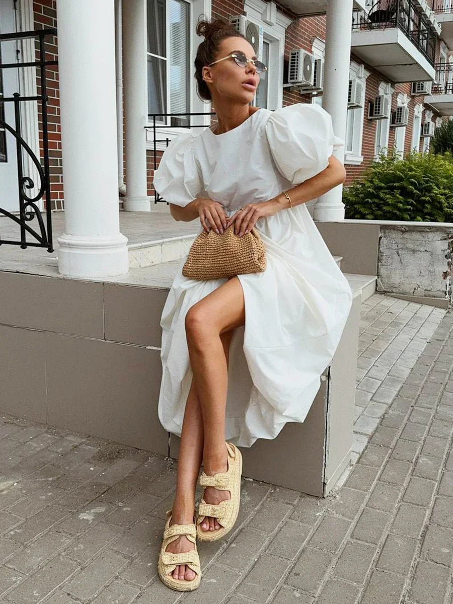 Wolfeel 100% Cotton Women's Oversized Bubble Sleeve Dresses Fashionable Ladies O-Neck Chic Short Sleeve Summer Loose Long Dress