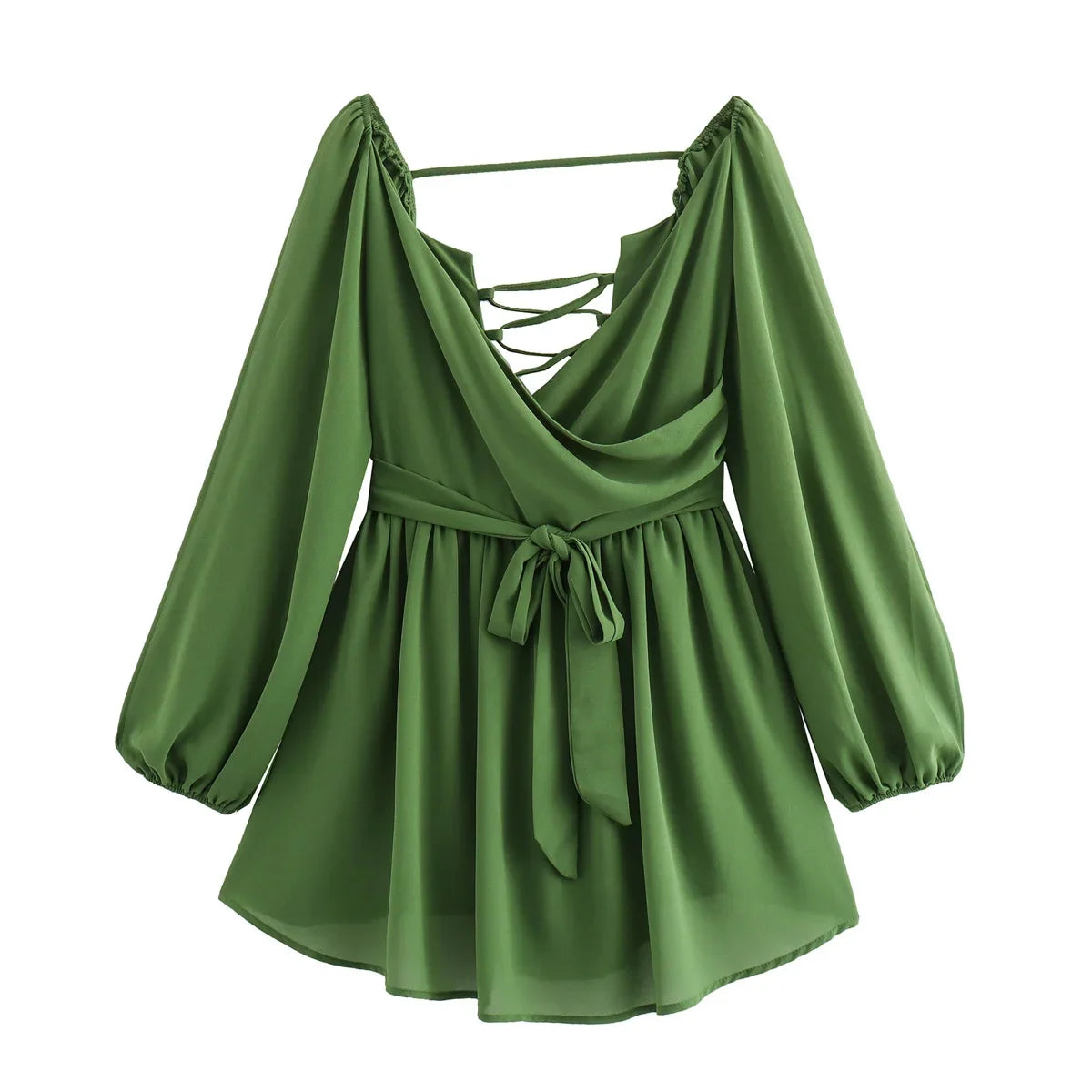 Sexy Green Pleated Mini Dress for Women Elegant V-neck Split Long Sleeve A-line Dresses Summer Lady Solid Backless Lace Up Robes