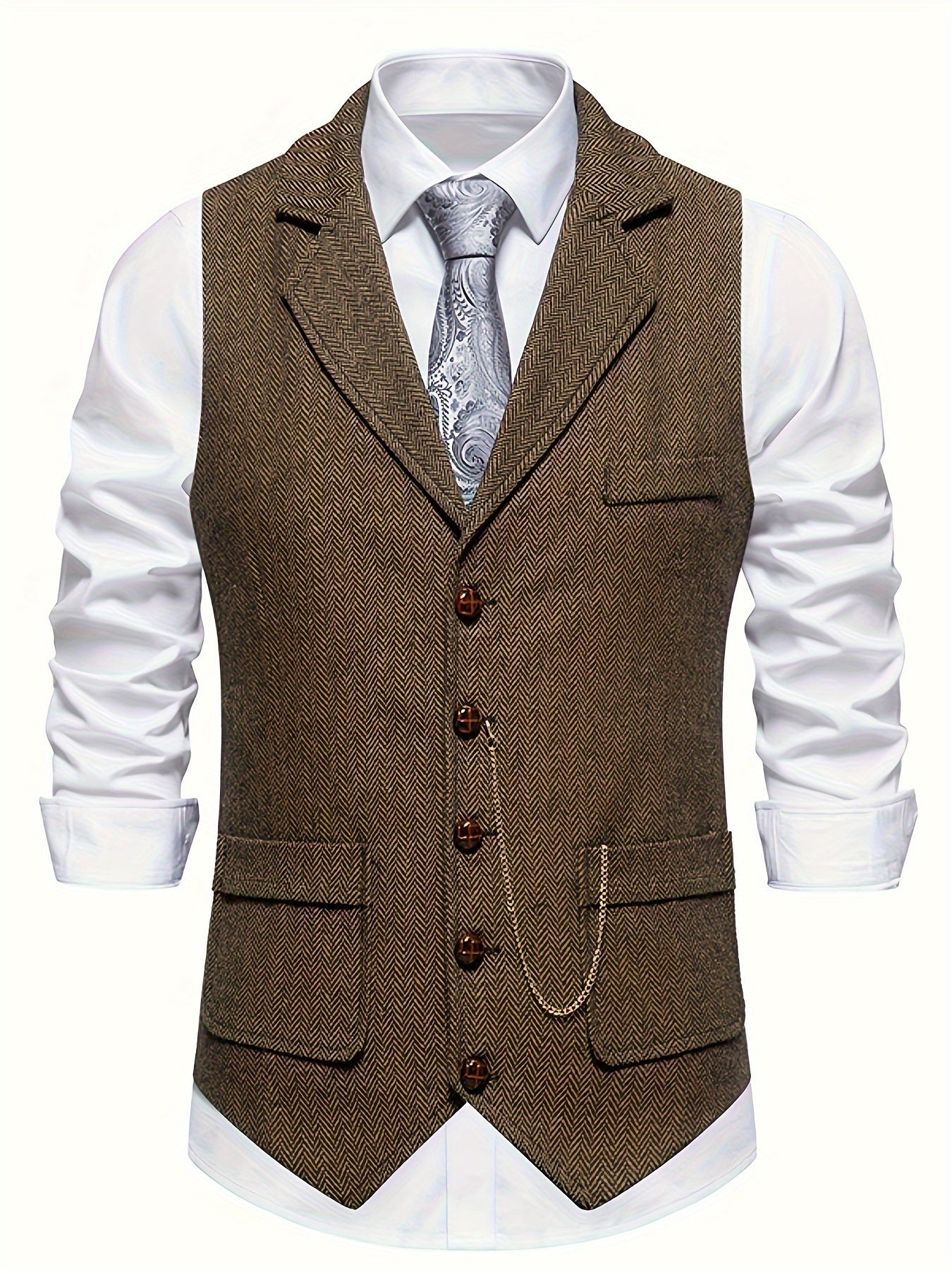 Men's Herringbone Tweed Single-Breasted Lapel Vest with Chain Detail - Stylish Brown Suit Vest for Business or Formal Occasions, Machine Washable, Stylish Layering Piece | Notched Lapel Design | Polyester Blend Vest