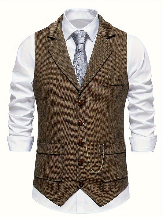 Men's Herringbone Tweed Single-Breasted Lapel Vest with Chain Detail - Stylish Brown Suit Vest for Business or Formal Occasions, Machine Washable, Stylish Layering Piece | Notched Lapel Design | Polyester Blend Vest
