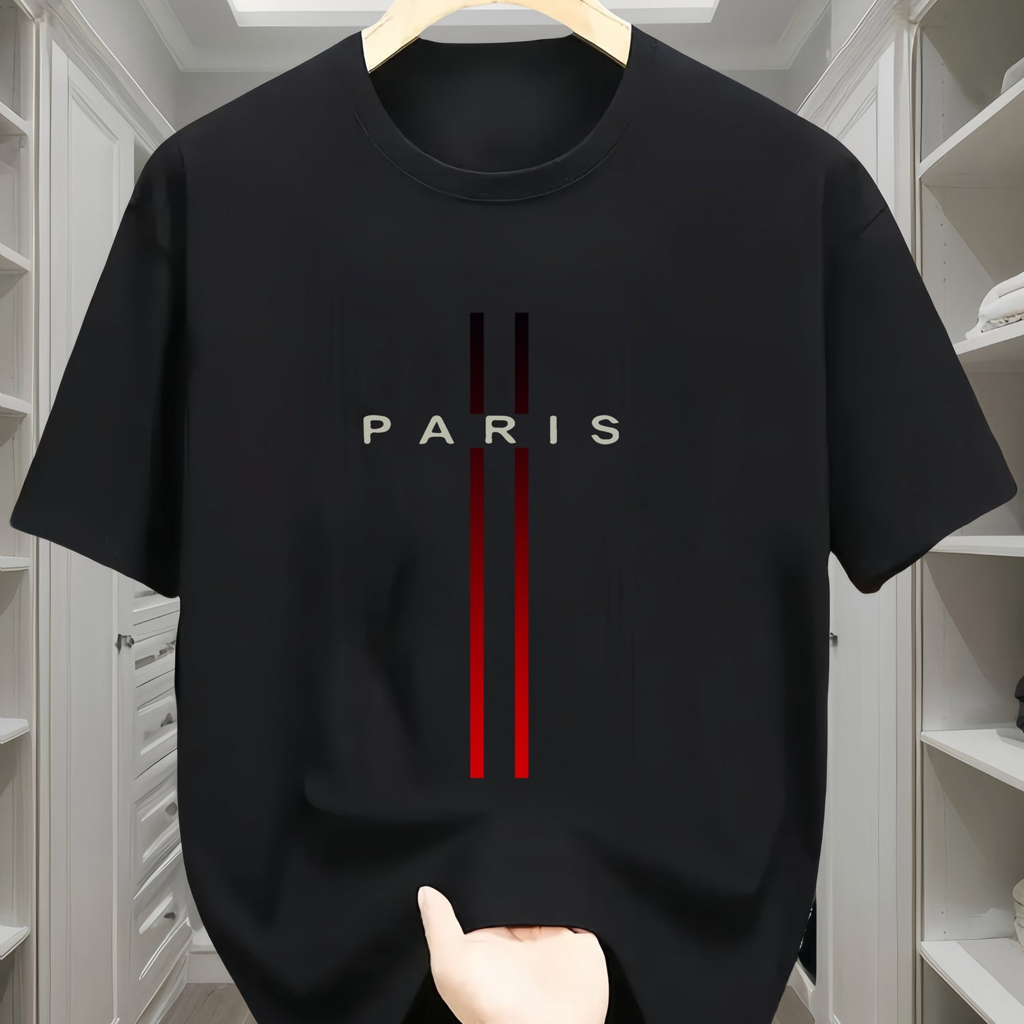 Men's 100% Cotton T-Shirt with Paris Flag Letter Geometric Print - Casual All-Season Crew Neck Tee with Short Sleeves and Slight Stretch - Comfortable Knit Fabric Regular Fit Sportswear Top
