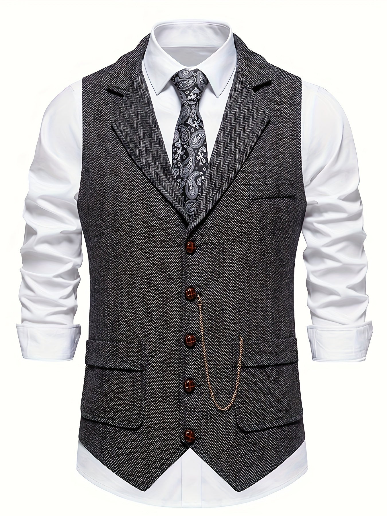 Men's Herringbone Tweed Single-Breasted Lapel Vest with Chain Detail - Stylish Brown Suit Vest for Business or Formal Occasions, Machine Washable, Stylish Layering Piece | Notched Lapel Design | Polyester Blend Vest