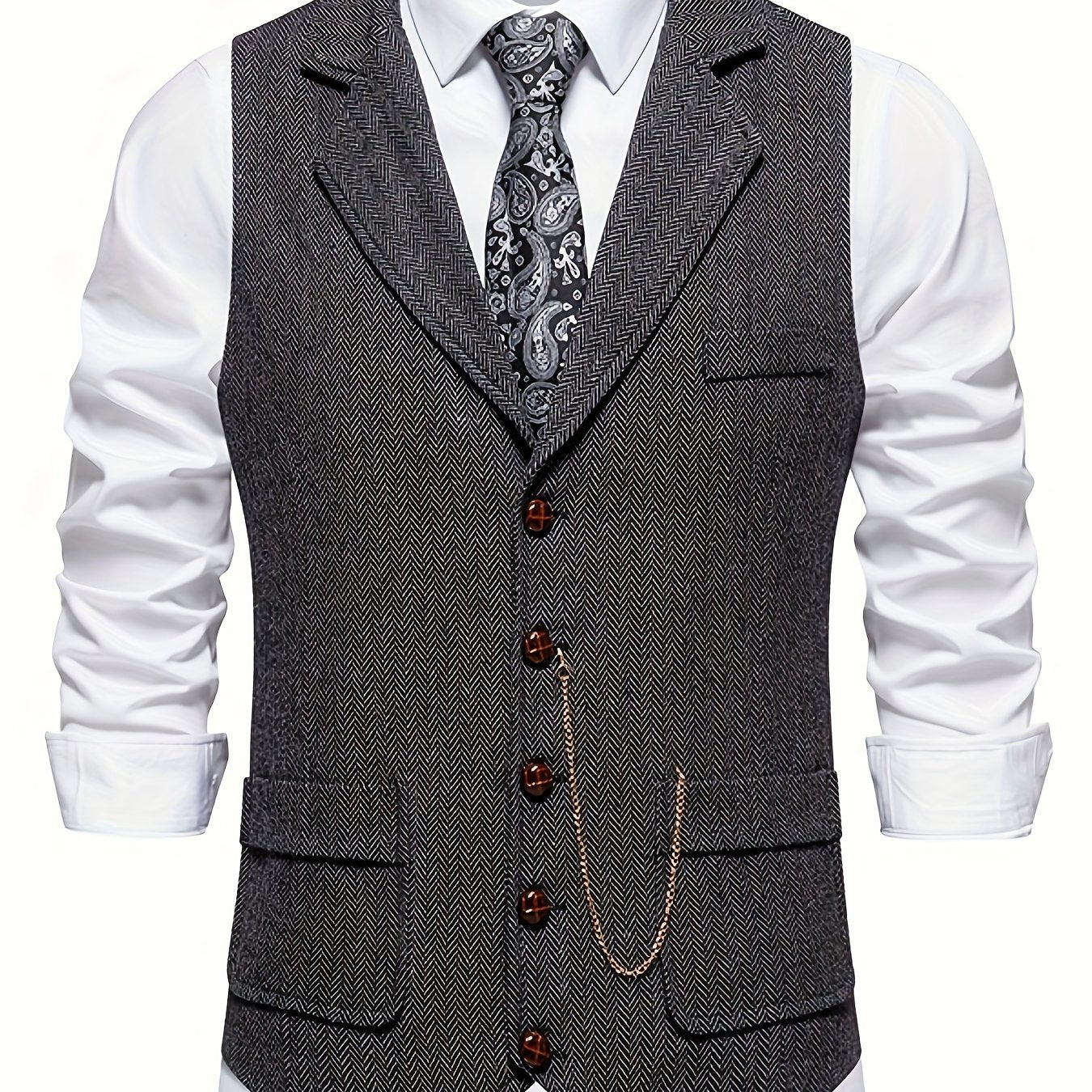 Men's Herringbone Tweed Single-Breasted Lapel Vest with Chain Detail - Stylish Brown Suit Vest for Business or Formal Occasions, Machine Washable, Stylish Layering Piece | Notched Lapel Design | Polyester Blend Vest