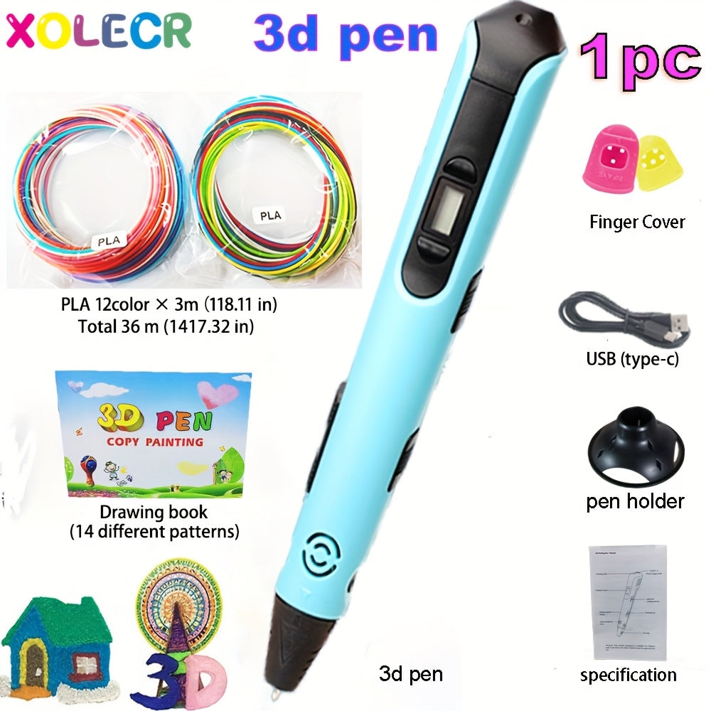 1pc Xolecr 3D Printing Pen with LCD HD Display - USB-Powered, Creative Drawing & Graffiti Art Tool, Ideal for Birthday and Christmas Gifts, Artistic Expression | LCD Screen Display | Versatile Pen, 3rd Generation