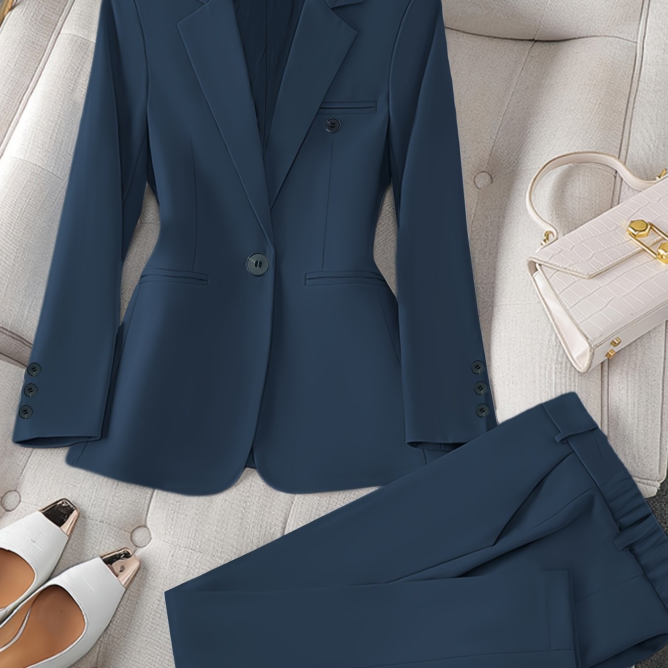Women'S Casual Two-Piece Set, Stylish Business Solid Color Long Sleeve Suit Jacket and Pants Set, Polyester, Lapel Collar, Regular Fit, All Season, with Optional Handbag and Earrings, for Fashionable Workwear, Business Attire