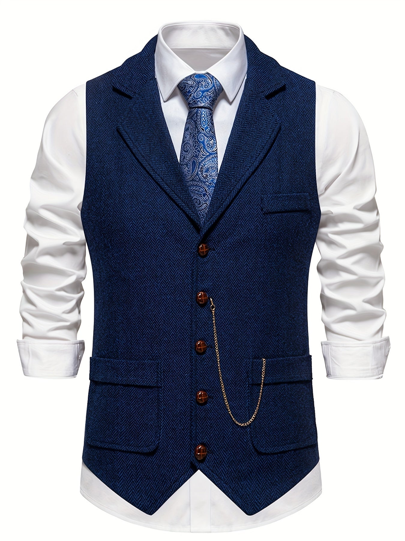 Men's Herringbone Tweed Single-Breasted Lapel Vest with Chain Detail - Stylish Brown Suit Vest for Business or Formal Occasions, Machine Washable, Stylish Layering Piece | Notched Lapel Design | Polyester Blend Vest