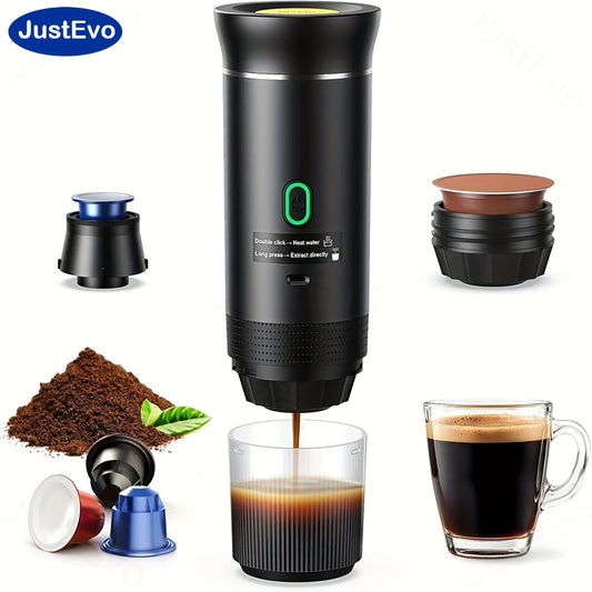 JustEvo Electric coffee maker, all-in-one coffee machine, coffee pot, and coffee appliance with smart temperature control and fast brewing. Compatible with coffee capsules and ground coffee. Perfect for cars, offices, camping
