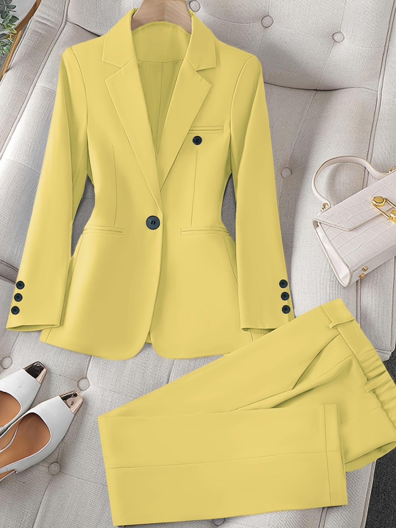 Women'S Casual Two-Piece Set, Stylish Business Solid Color Long Sleeve Suit Jacket and Pants Set, Polyester, Lapel Collar, Regular Fit, All Season, with Optional Handbag and Earrings, for Fashionable Workwear, Business Attire