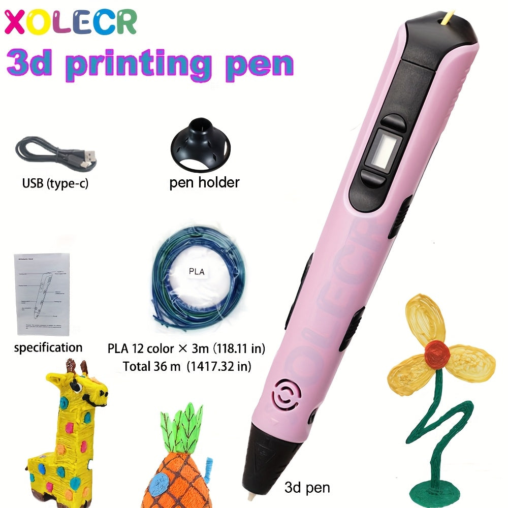 1pc Xolecr 3D Printing Pen with LCD HD Display - USB-Powered, Creative Drawing & Graffiti Art Tool, Ideal for Birthday and Christmas Gifts, Artistic Expression | LCD Screen Display | Versatile Pen, 3rd Generation
