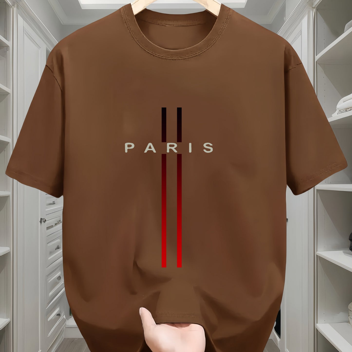 Men's 100% Cotton T-Shirt with Paris Flag Letter Geometric Print - Casual All-Season Crew Neck Tee with Short Sleeves and Slight Stretch - Comfortable Knit Fabric Regular Fit Sportswear Top