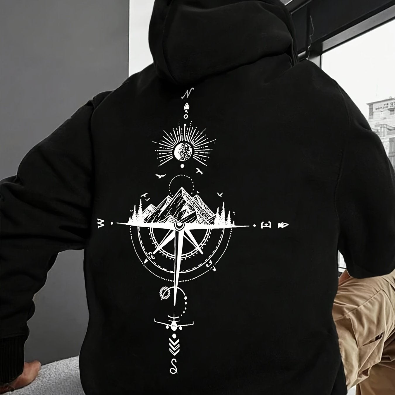 Men'S Autumn Winter Galaxy Print Hooded Sweatshirt, French Terry Fleece, 100% Polyester, Non-Stretch Knit Fabric, Loose Fit with Pocket Detail, Casual Sports Style Hooded Pullover