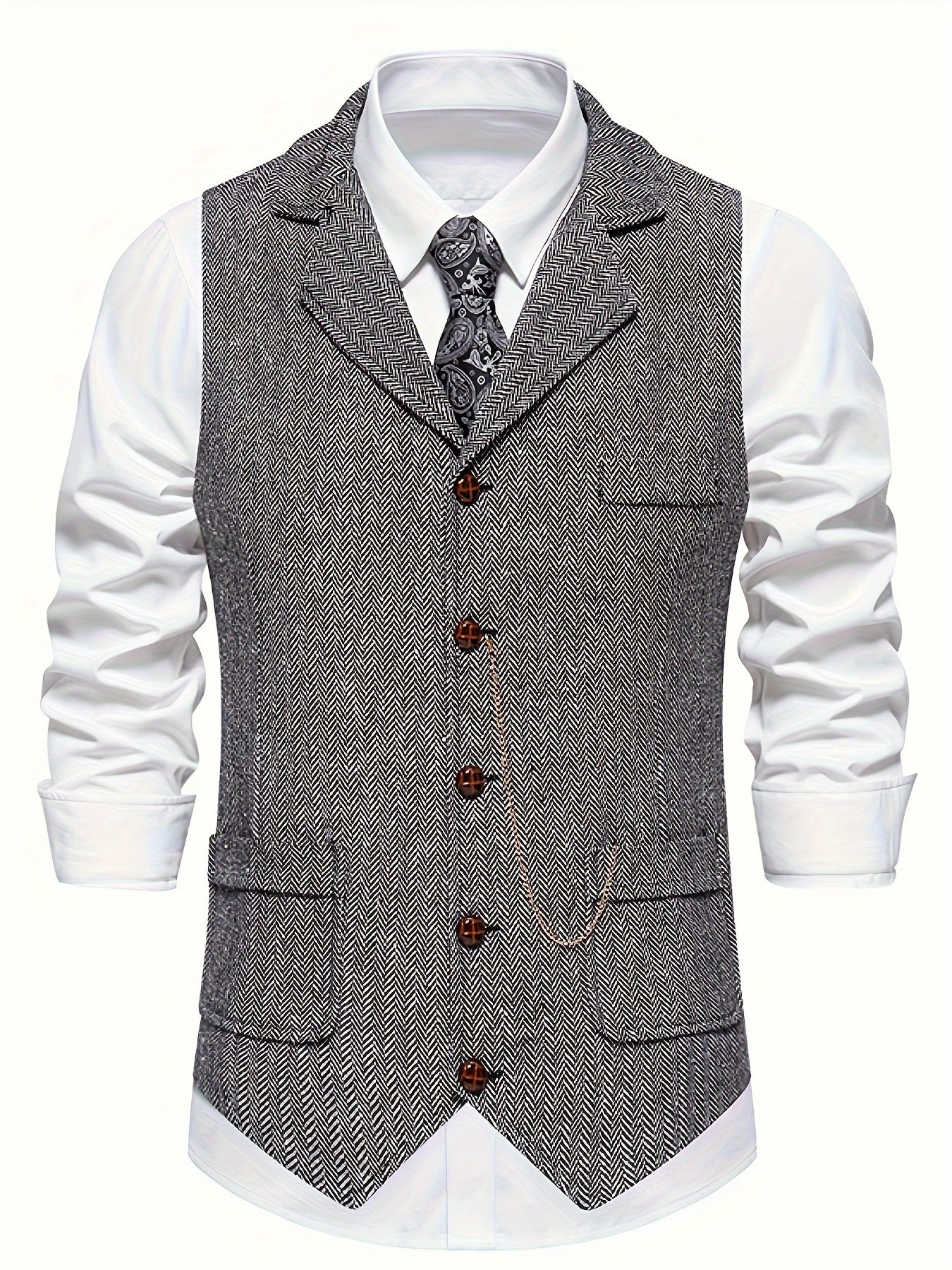 Men's Herringbone Tweed Single-Breasted Lapel Vest with Chain Detail - Stylish Brown Suit Vest for Business or Formal Occasions, Machine Washable, Stylish Layering Piece | Notched Lapel Design | Polyester Blend Vest