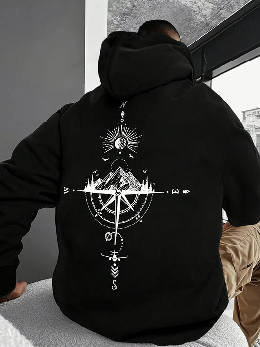 Men'S Autumn Winter Galaxy Print Hooded Sweatshirt, French Terry Fleece, 100% Polyester, Non-Stretch Knit Fabric, Loose Fit with Pocket Detail, Casual Sports Style Hooded Pullover