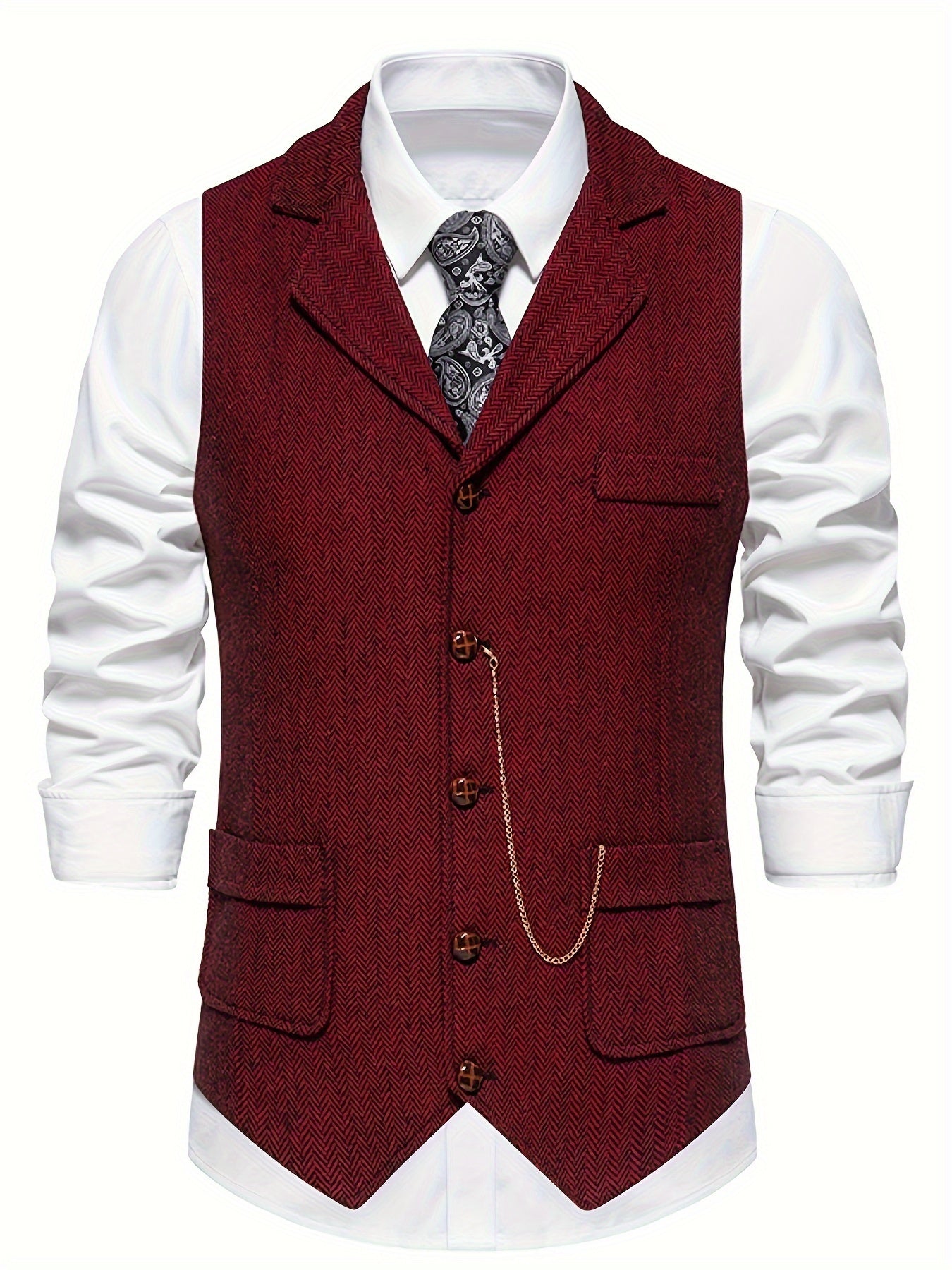 Men's Herringbone Tweed Single-Breasted Lapel Vest with Chain Detail - Stylish Brown Suit Vest for Business or Formal Occasions, Machine Washable, Stylish Layering Piece | Notched Lapel Design | Polyester Blend Vest