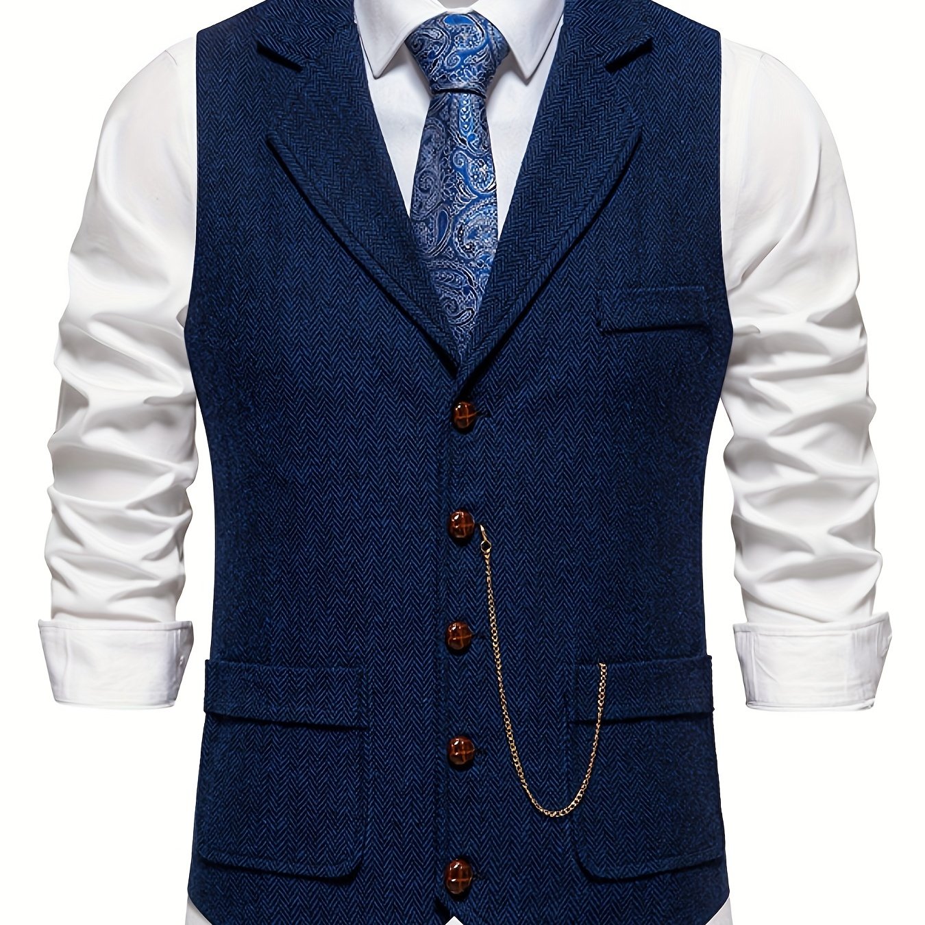 Men's Herringbone Tweed Single-Breasted Lapel Vest with Chain Detail - Stylish Brown Suit Vest for Business or Formal Occasions, Machine Washable, Stylish Layering Piece | Notched Lapel Design | Polyester Blend Vest