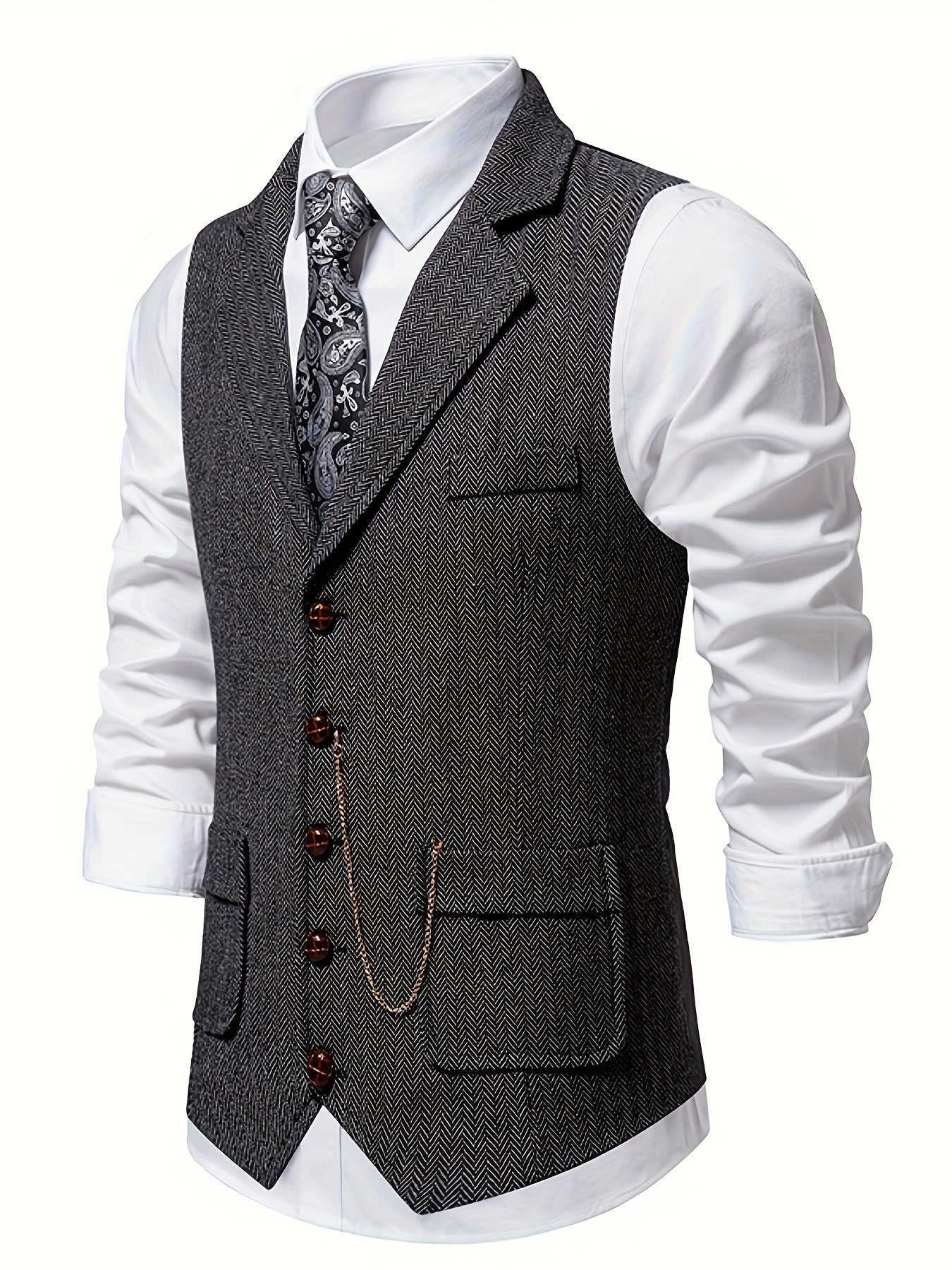 Men's Herringbone Tweed Single-Breasted Lapel Vest with Chain Detail - Stylish Brown Suit Vest for Business or Formal Occasions, Machine Washable, Stylish Layering Piece | Notched Lapel Design | Polyester Blend Vest