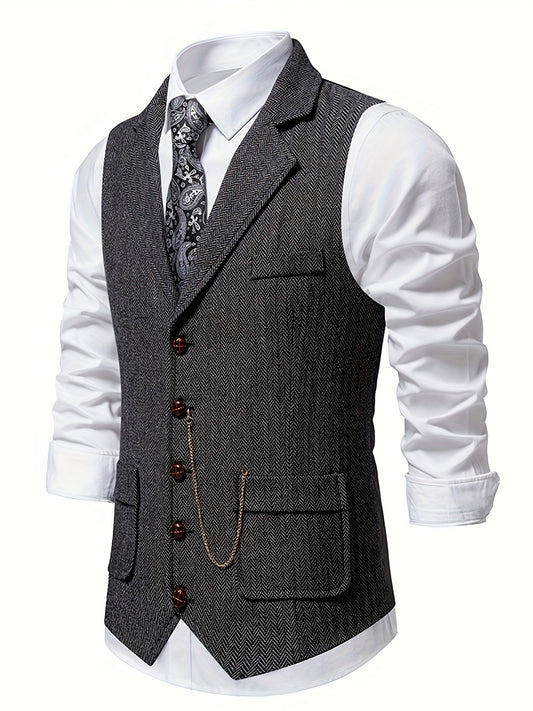 Men's Herringbone Tweed Single-Breasted Lapel Vest with Chain Detail - Stylish Brown Suit Vest for Business or Formal Occasions, Machine Washable, Stylish Layering Piece | Notched Lapel Design | Polyester Blend Vest